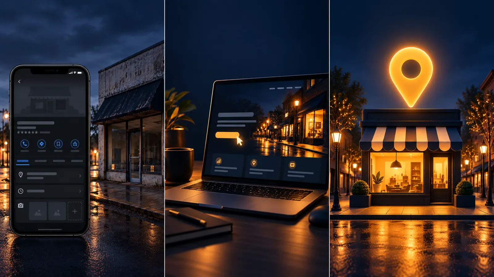 Three panels: a half-empty business listing beside a dark storefront, a laptop showing a clean website, and a glowing map pin above a welcoming shop